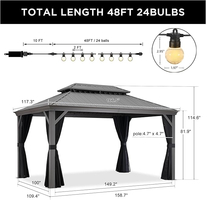PURPLE LEAF 10' X 14' Outdoor Hardtop Gazebo with Galvanized Steel Double Roof Aluminum Frames Heavy Duty Pavilion Gazebo for Patio Deck Garden,Netting and Curtains Included, Light Grey