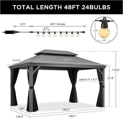 PURPLE LEAF 10' X 14' Outdoor Hardtop Gazebo with Galvanized Steel Double Roof Aluminum Frames Heavy Duty Pavilion Gazebo for Patio Deck Garden,Netting and Curtains Included, Light Grey