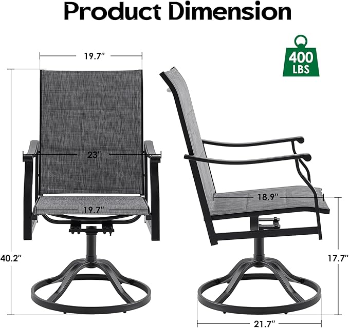Swivel Patio Chairs Set of 4, Outdoor Patio Dining Chairs with Padded Textilene, Swivel & Rocker Metal Outdoor Dining Chairs All-Weather for Backyard, Gray Fabric with Black Frame