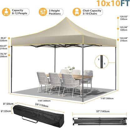 COBIZI 10x10 Pop Up Canopy Tent, Easy Setup Canopy with Sidewalls Waterproof & UPF 50+, Heavy Duty Commercial Instant Craft Fair Tent for Party, Event, Vendor, Farmer Market(Khaki)