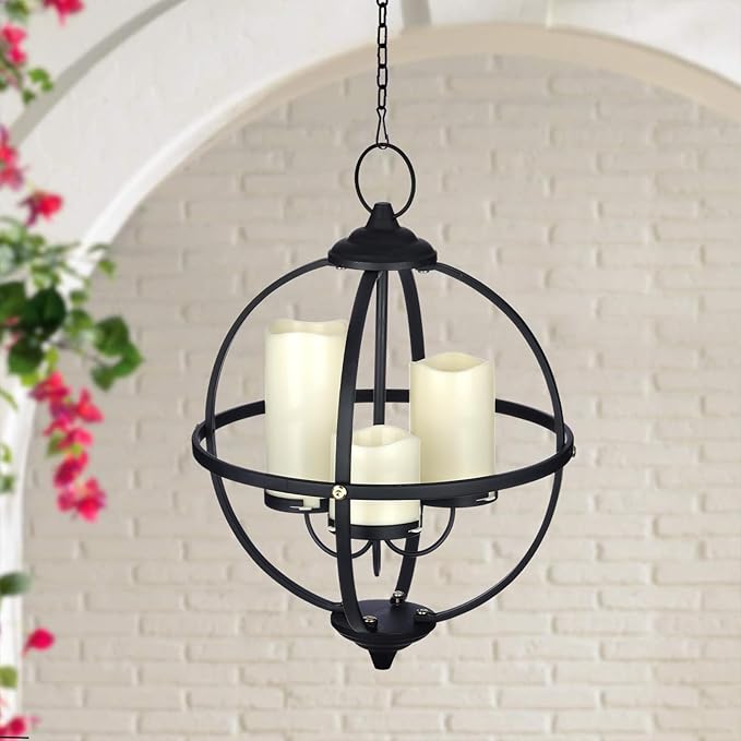 Battery Operated Outdoor Candle Chandelier - Black Metal Globe Hanging Pendant Light with 3 Flameless Candles, 12.6" Waterproof Lights for Gazebo, Pergola, Garden, Porch & Backyard