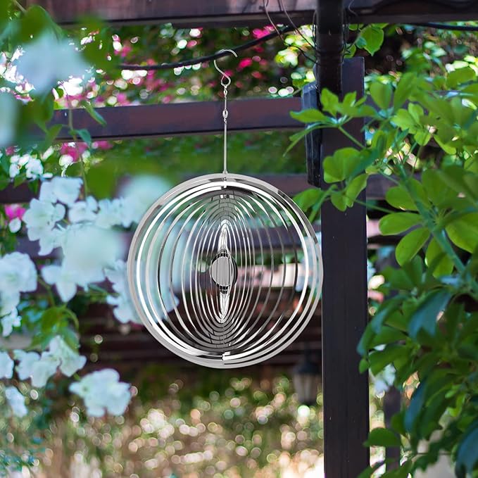 Hanging Wind Spinner Outdoor Metal Decorations, Silver Wind Spinners for Yard and Garden,3D Mirror Stainless Steel Wind Sculptur Chime Indoor Outdoor Garden Decoration Worth Gift （Round）