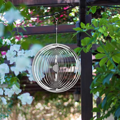 Hanging Wind Spinner Outdoor Metal Decorations, Silver Wind Spinners for Yard and Garden,3D Mirror Stainless Steel Wind Sculptur Chime Indoor Outdoor Garden Decoration Worth Gift （Round）