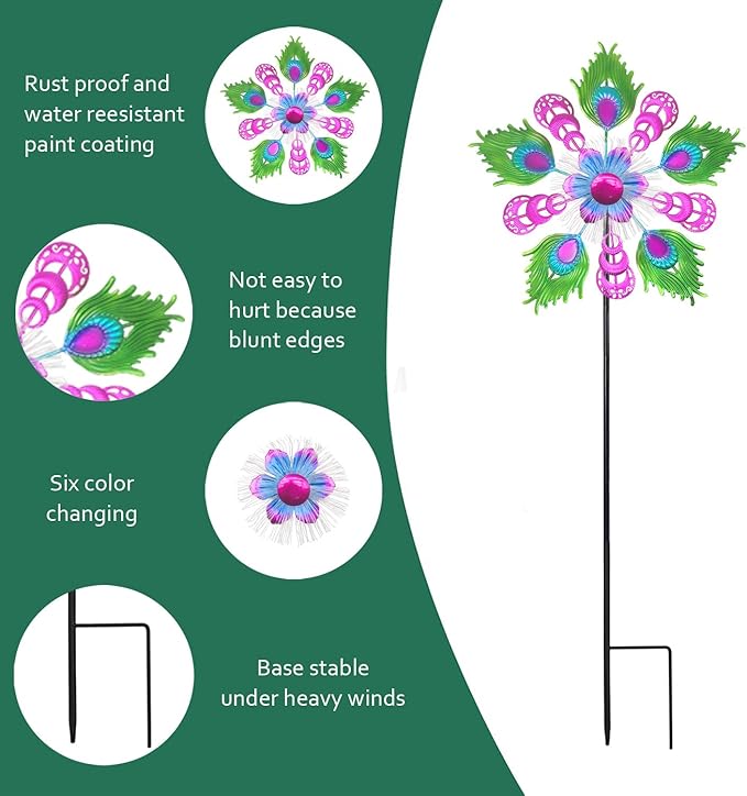 Solar Peacock Wind Spinners for Yard & Garden - 40 Inch Metal Wind Sculpture, Kinetic Windmill with Multi Color LED Lights, Lawn & Patio Art Decor