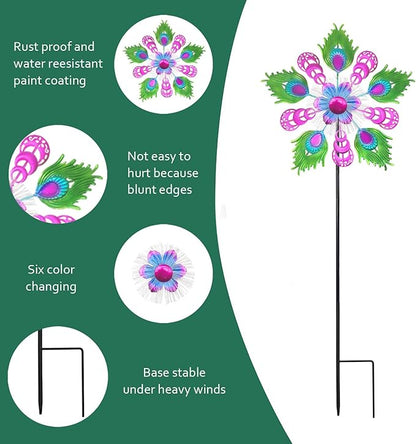 Solar Peacock Wind Spinners for Yard & Garden - 40 Inch Metal Wind Sculpture, Kinetic Windmill with Multi Color LED Lights, Lawn & Patio Art Decor