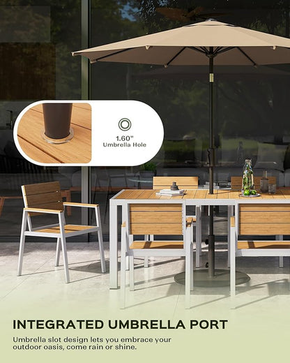 Outdoor Dining Set, Patio Table and Chairs of 4, Aluminum Outdoor Furniture Set with Umbrella Hole, HDPS Patio Dining Table Set for 4 (White-Teak)