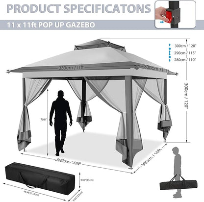 COBIZI 11x11 Pop Up Gazebo One-Push Canopy Tent, Carpas Para Patio, Outdoor Canopy Shelter with Double Roof Ventiation 121 Square Feet of Shade for Lawn, Garden, Backyard and Deck, Gray (Upgraded 2.0)
