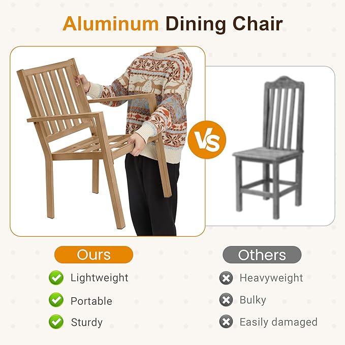 Patio Dining Chair Set of 2, Aluminum Outdoor Dining Chairs with Waterproof Cushions, Metal Outdoor Patio Furniture Seating for Porch, Balcony, Deck, Backyard, Light Wood Color