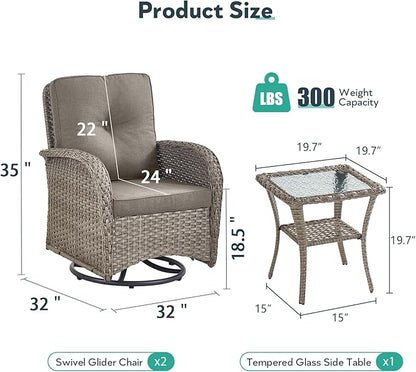 Outdoor Swivel Glider Rocker Chairs - 3 Piece Wicker Patio Furniture Set, All Weather Patio Bistro Sets with Glass Side Table for Balcony Porch Deck Backyard - Grey Wicker Grey Cushion