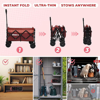 Collapsible Wagon Cart with Wheels Foldable,11 Lbs Lightweight Portable Folding Utility Wagon,90 L Heavy Duty Grocery Shopping Carts,Versatile for Garden Sports Camping Outdoor Use (Brick Dot)