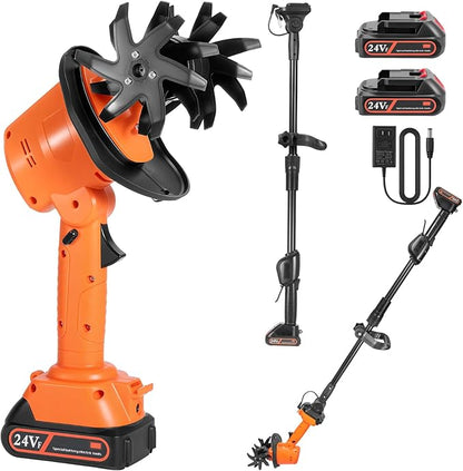 24V Cordless Mini Tiller Cultivator - Lightweight 1.5kg Rototiller, 4" Working Width, 235RPM with 4 Rows Tines for Effortless Gardening - Includes 2x1.5Ah Batteries & Charger