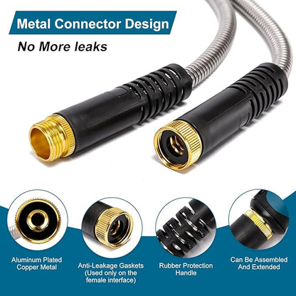Metal Garden Hose 100 FT, Stainless Steel Hose, Water Hose with 10 Function Nozzle, No Kink & Tangle, Easy to Use & Store, Heavy Duty Lightweight Outdoor Hose