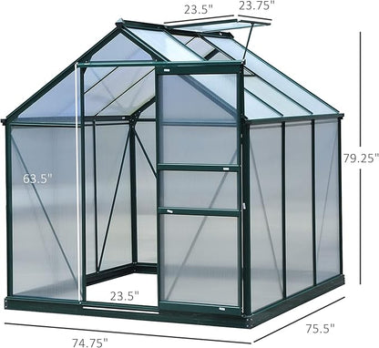 Outsunny 6' x 6' Greenhouse for Outdoors, Polycarbonate Greenhouse with Rain Gutter and Roof Vent, Aluminum Walk-in Green Houses for Outside for Patio Backyard Garden, Dark Green