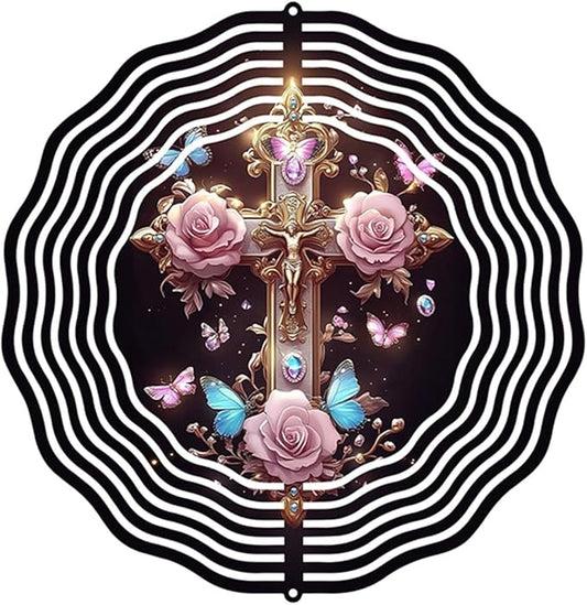 Jesus Cross Wind Spinner, Metal Wind Spinners Outdoor/Indoor, Cross Hanging Garden Decor for Outside, Stainless Wind Spinners for Yard and Garden 10 inch 3D (25.76X25 CM)