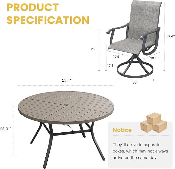 VICLLAX 7 Pieces Patio Dining Set for 6, Outdoor Furniture Set Includes 53" Outdoor Round Table and 6 Patio Swivel Chairs for Lawn Garden, Grey Wood Grain Tabletop and Grey Fabric