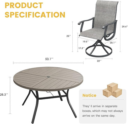 VICLLAX 7 Pieces Patio Dining Set for 6, Outdoor Furniture Set Includes 53" Outdoor Round Table and 6 Patio Swivel Chairs for Lawn Garden, Grey Wood Grain Tabletop and Grey Fabric