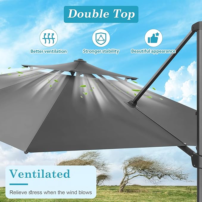 HOTIME10x10ft Patio Umbrella Cantilever Umbrella Double Top - Upgrade and Intensify - 360 Rotation and 5 Angles Adjustment - Aluminum Offset Pool Umbrella Outdoor Umbrellas for Patio Garden Deck Pool