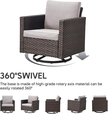 5 Piece Wicker Patio Furniture Set - Outdoor Swivel Rocker Chairs Set with 3 Seat Sofa and Ottomans, Small Patio Conversation Sets Proch Furniture for Balcony Deck - Brown/Beige
