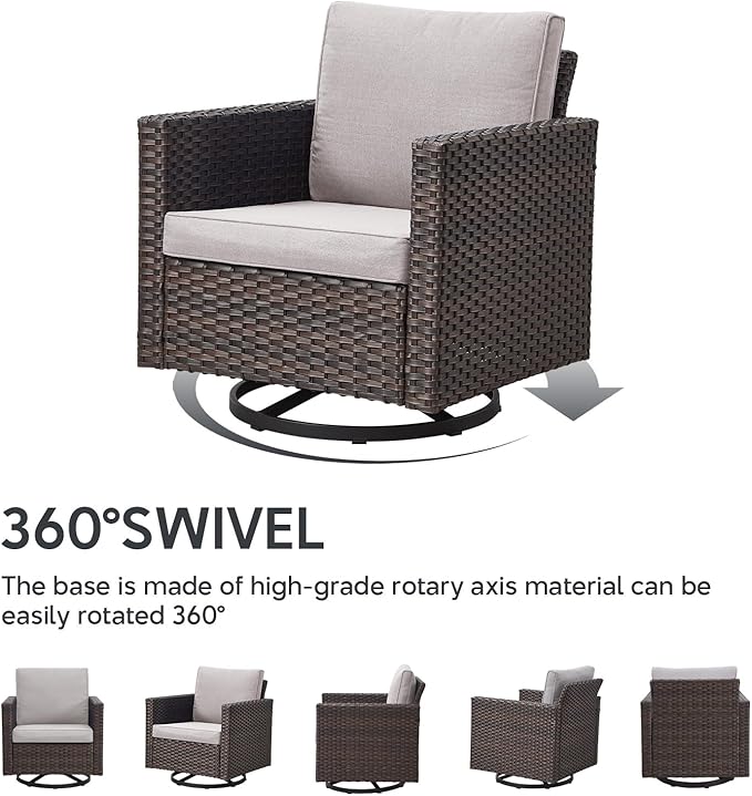 6 Piece Wicker Patio Furniture Set - Outdoor Swivel Rocker Chairs Set with Side Table, 3 Seat Sofa and Ottomans, Small Patio Conversation Sets Proch Furniture for Balcony Deck - Brown/Beige