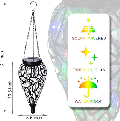 Solar Hanging Lantern Outdoor Lights, Tear-Shaped 15 LEDs Multi-Color Hanging Lights with S Hooks Decor in Garden, Yard, Pathway, Front Door and Landscape