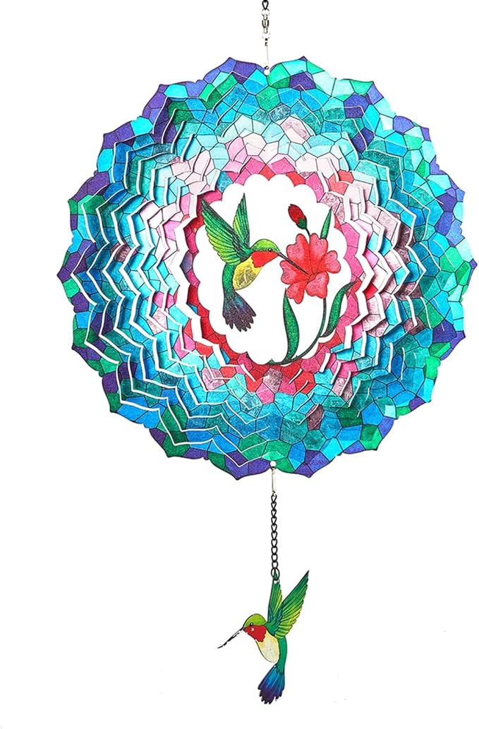 Wind Spinners Hanging, 12 Inches 3D Kinetic Hummingbird Wind Spinner for Yard and Garden Decor Stainless Steel Indoor Outdoor Decor Laser Cut Art Garden Metal Wind Sculptures & Spinners Decorations