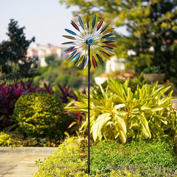 DREAMYSOUL Wind Spinner Outdoor, 23" Dia Dual Colorful Blades Metal Windmills, Kinetic Wind Spinners & Sculpture for Yard and Garden