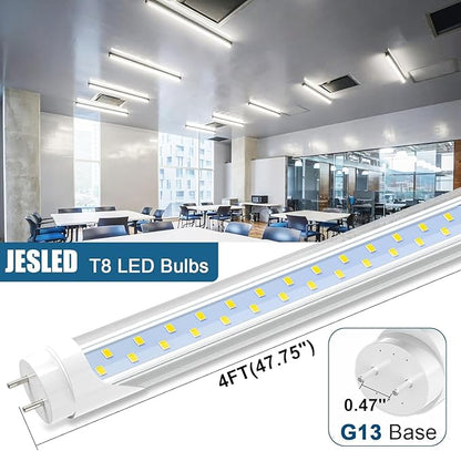 JESLED 4FT LED T8 Type A+B Tube Lights, 24W(65W Equivalent), 3200LM, 5000K, Single or Double End Powered, Plug and Play or Ballast Bypass, 4 Foot T10 T12 Fluorescent Bulbs Replacement, Clear(12-Pack)