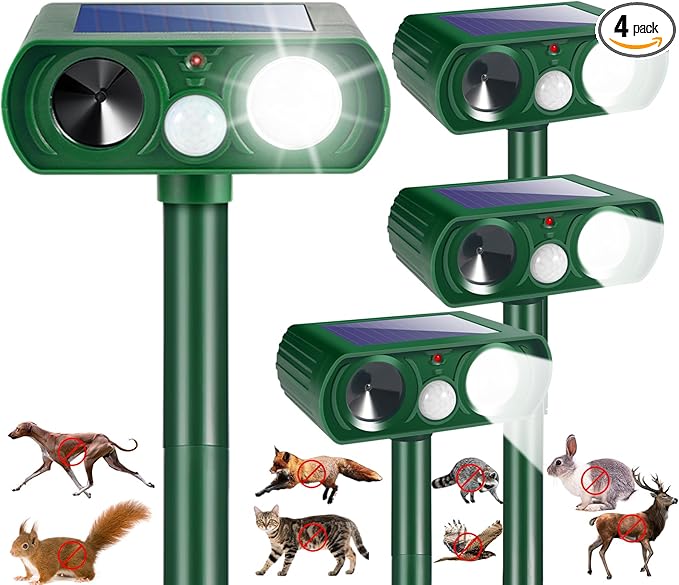 4 Pack Solar Animal Repellent Ultrasonic Outdoor Raccoon Squirrel Fortress Pro Cat Deterrent Deer Repellent with Motion Detection Strobe Light,Waterproof Repeller for Rabbit Dog Skunk for Yard