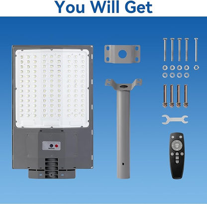 10500W Solar Street Lights Outdoor, 650000LM 7000K Solar Parking Lot Lights Dusk to Dawn 40000mAh IP67 Waterproof Pole Security Flood Lamps with Motion Sensor and Remote for Yard, Garage, Driveway