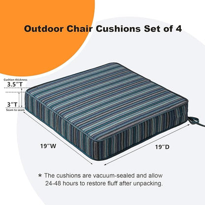 Sunbrella Square Corner Seat Cushions, 19" x 19" x 3", Set of 4, Indoor Outdoor Water Repellent Universal Chair Pads with Ties for Patio Furniture, Garden Dining Chairs, Troupe Dock