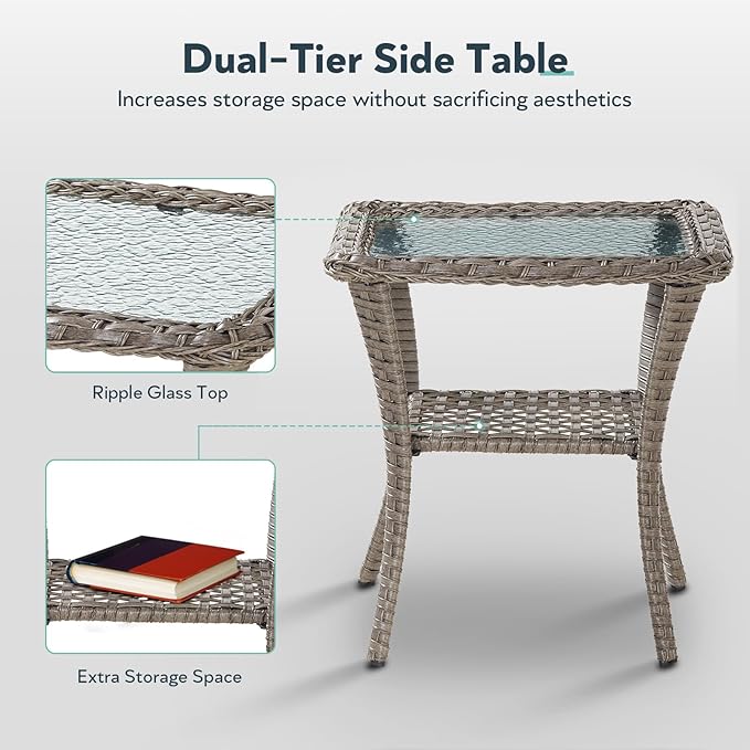 6 Piece Patio Furniture Set - Wicker Patio Conversation Set with Swivel Glider, Glider Loveseat, Tempered Glass Side Table and 2 Ottomans for Deck Backyard - Grey Wicker Red Cushion