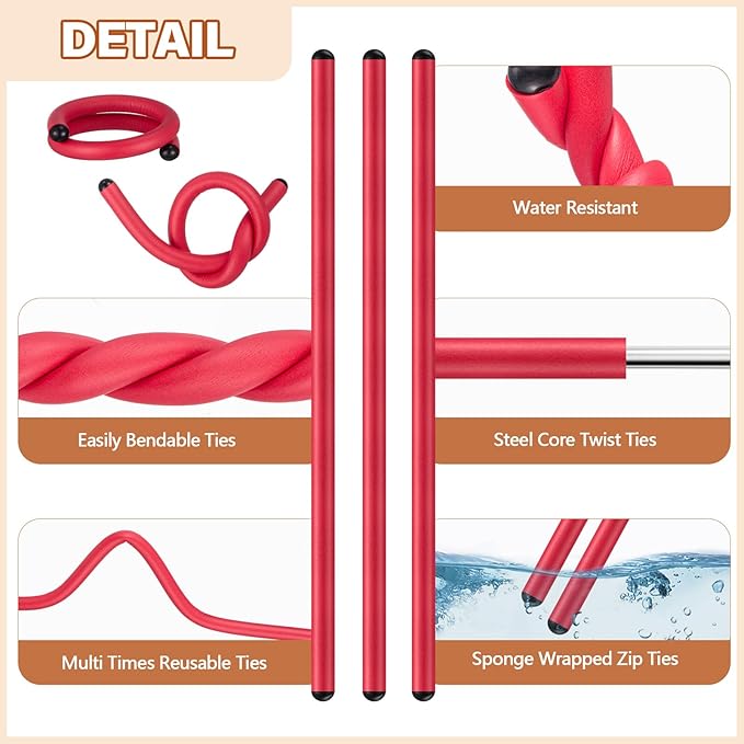 20 Pcs 17 Inch EVA Foam Twist Rubber Ties Reusable Bendable Cable Tie Straps Flexible Heavy Duty Twisty Ties for Organizing Cords Bundling (Red)