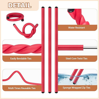 20 Pcs 17 Inch EVA Foam Twist Rubber Ties Reusable Bendable Cable Tie Straps Flexible Heavy Duty Twisty Ties for Organizing Cords Bundling (Red)