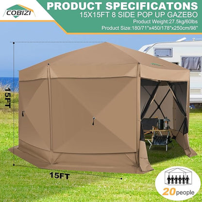 COBIZI 15x15ft Extra Large Pop Up Gazebo Canopy Tent with Mosquito Netting, Spacious Easy Set-Up Screened Shelter, Durable Outdoor Pavilion with Ground Stakes, Perfect for Patio, Backyard, Khaki