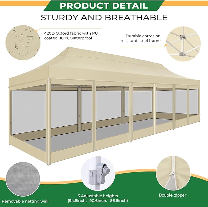 COBIZI 10x30 Heavy Duty Pop Up Canopy Tent with 8 Sidewalls, Commercial Gazebo Party Tent with Mosquito Netting Wall Easy Set Up Outdoor Instant Screen Tent for Backyard, Patio, Garden, Khaki