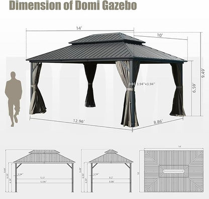 Domi 10’ X 14’ Hardtop Gazebo Canopy with Netting & Curtains, Outdoor Metal Gazebo with Galvanized Steel Double Roof for Patio Lawn and Garden, Gray