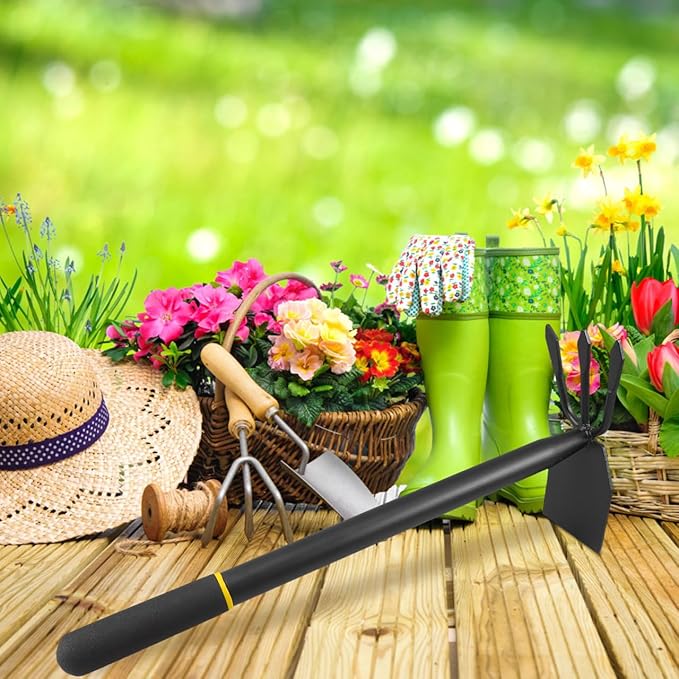 Yardwe Hoe and Cultivator, Garden Rake Hand Tiller Tool Heavy Duty Cultivator Hoe for loosening Soil Weeding Digging Flower Planting Garden Farming Agriculture Tool