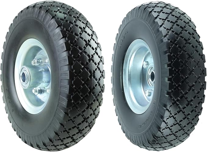 KF4003 Twin Pack 10-Inch Solid Rubber Tire Wheels Replacement 3.00-4 Tires Wheels Flat Free with 5/8" Bearings 2.15" Offset Hub Perfect for Hand Truck Wheelbarrow Garden Cart Non-Flat