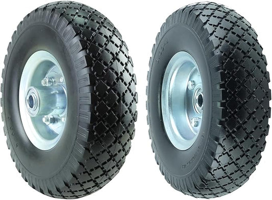 KF4003 Twin Pack 10-Inch Solid Rubber Tire Wheels Replacement 3.00-4 Tires Wheels Flat Free with 5/8" Bearings 2.15" Offset Hub Perfect for Hand Truck Wheelbarrow Garden Cart Non-Flat