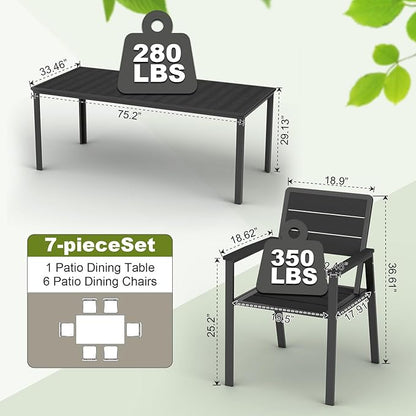 7-Piece Patio Dining Set with 11 FT Curvy Cantilever Umbrella, HDPE Tabletop & Aluminum Frame All-Weather Outdoor Furniture for Garden, Backyard, Poolside, Black