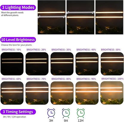 LED Grow Light Strips, Full Spectrum 3500K Plant Growing Lights for Indoor Plants, Plant Lamp for Hydroponics Succulent with 3/9/12H Timer, 10 Dimmable Levels, 3 Head 13 Inches (2 Strip 3 Pack)