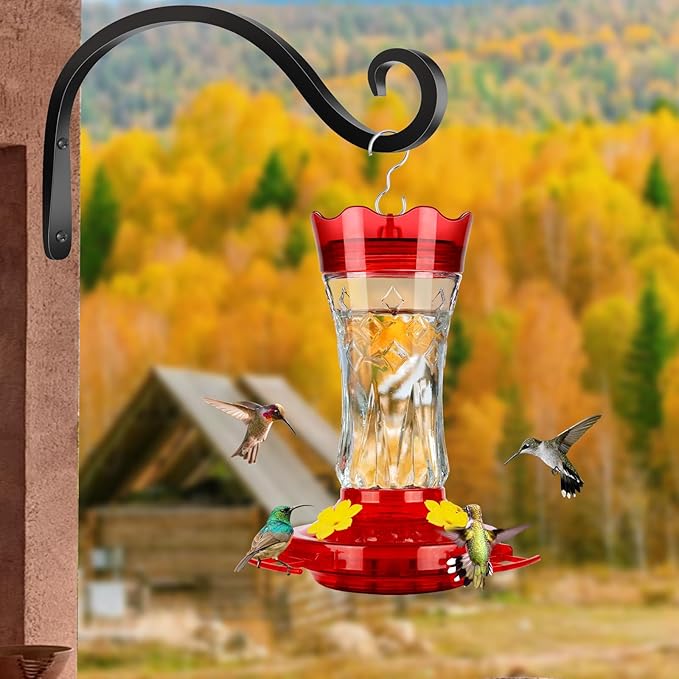 BOLITE Glass Hummingbird Feeders for Outdoors Hanging, Built-in Ant Moat, 4 Bee Guard Feeding Ports with Perches, Leak Proof, 15 Ounces, Stars Decor, Red, Gifts for Women Men, Gifts for Mom Dad