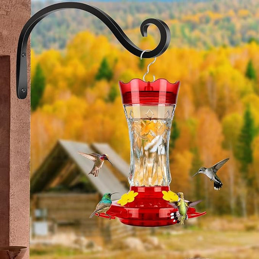 BOLITE Glass Hummingbird Feeders for Outdoors Hanging, Built-in Ant Moat, 4 Bee Guard Feeding Ports with Perches, Leak Proof, 15 Ounces, Stars Decor, Red, Gifts for Women Men, Gifts for Mom Dad