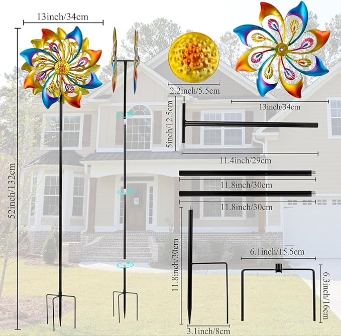 DREAMSOUL 13" Dia Wind Spinners Outdoor with 4 Prong Stakes, Kinetic Metal Wind Spinners for Yard and Garden Decor (52 * 13 Inches)
