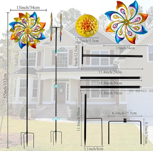 DREAMSOUL 13" Dia Wind Spinners Outdoor with 4 Prong Stakes, Kinetic Metal Wind Spinners for Yard and Garden Decor (52 * 13 Inches)
