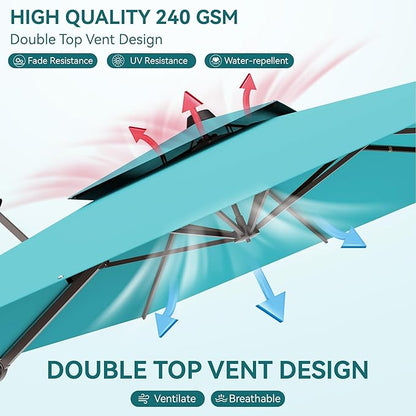 10x13 FT Patio Umbrella, Large Cantilever Rectangular Double Top Heavy Duty Offset Umbrellas with 360° Rotation, Outdoor shade for Garden Deck Pool Patio, Turquoise
