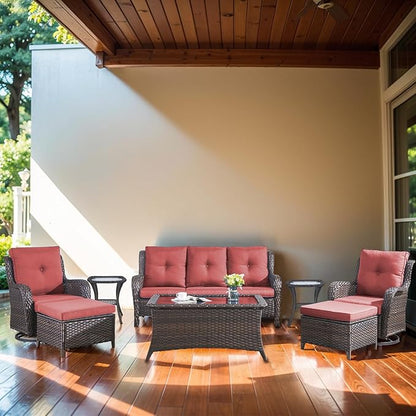 Outdoor Furniture Set：8 Pieces Patio Furniture Set with Outdoor Swivel Rocker Patio Chairs, Brown/Red
