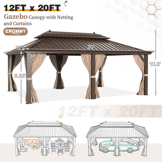 EROMMY 12'x20' Hardtop Gazebo Double Roof Galvanized Steel Canopy Outdoor Aluminum Frame Permanent Metal Pavilion with Netting and Curtains for Patio Backyard Deck and Lawns