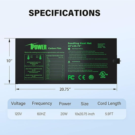iPower 10" x 20.75" Seeding Heat Mat with New-Upgraded Carbon Film, Indoor Gardening Plant Germination Starting Pad, Durable Waterproof, Black