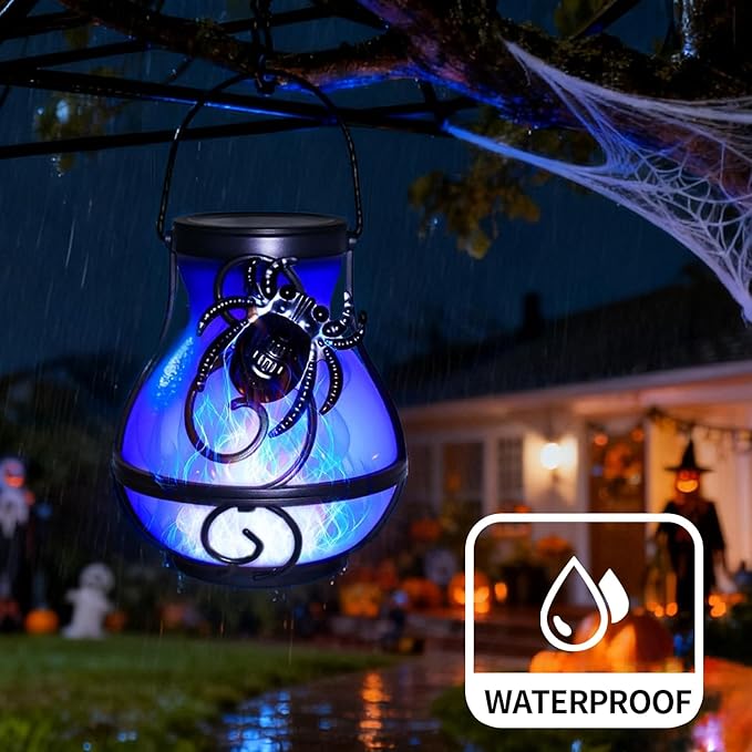 2 Pack Solar Halloween Hanging Lights Outdoor,Solar Spider Flickering Flame Lantern for Garden Yard Patio Halloween Party Decoration